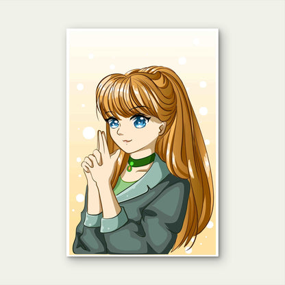 Beautiful and Cool Girl Long Brown Hair Cartoon Metal Print Ready to Hang