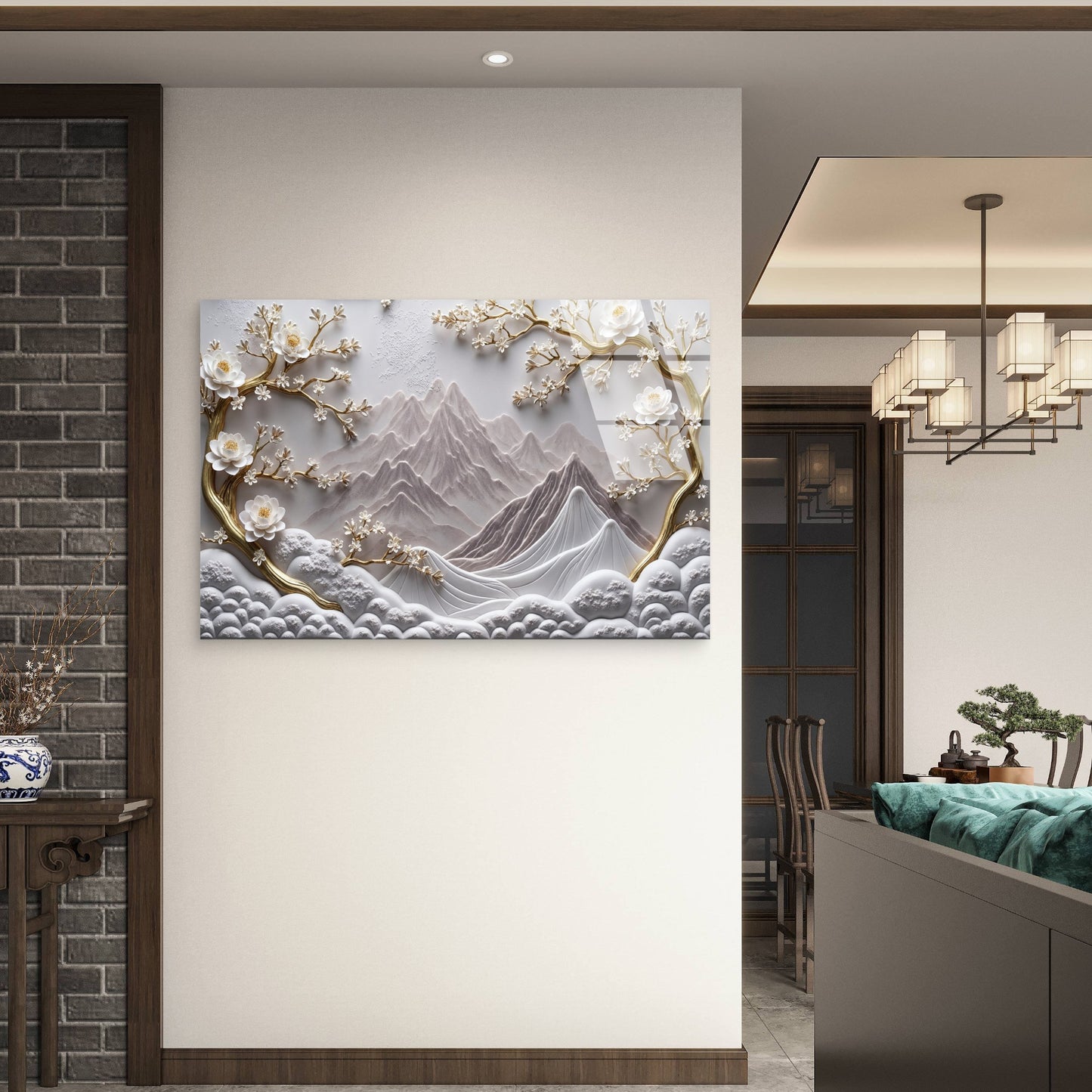 Mountain Blossom Tree White Gold Glass Printing Wall Art Australian Made Quality