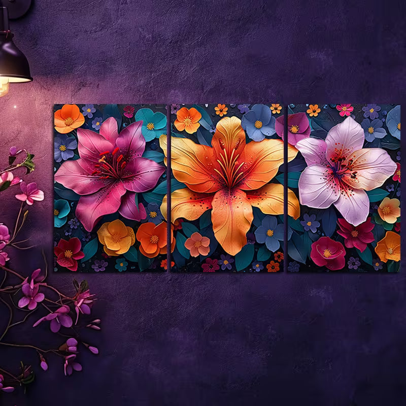 3pcs Vibrant Lilies & Roses Design Wall Art Set Canvas Framed 60x90cm - High Quality Print 100% Australian Made Wall Canvas Ready to Hang