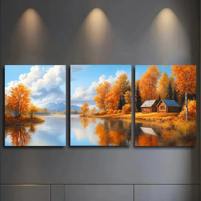 3pcs Cabin, Trees & Reflective Waters,Metal Print Ready to Hang Art - Bella Home Decor