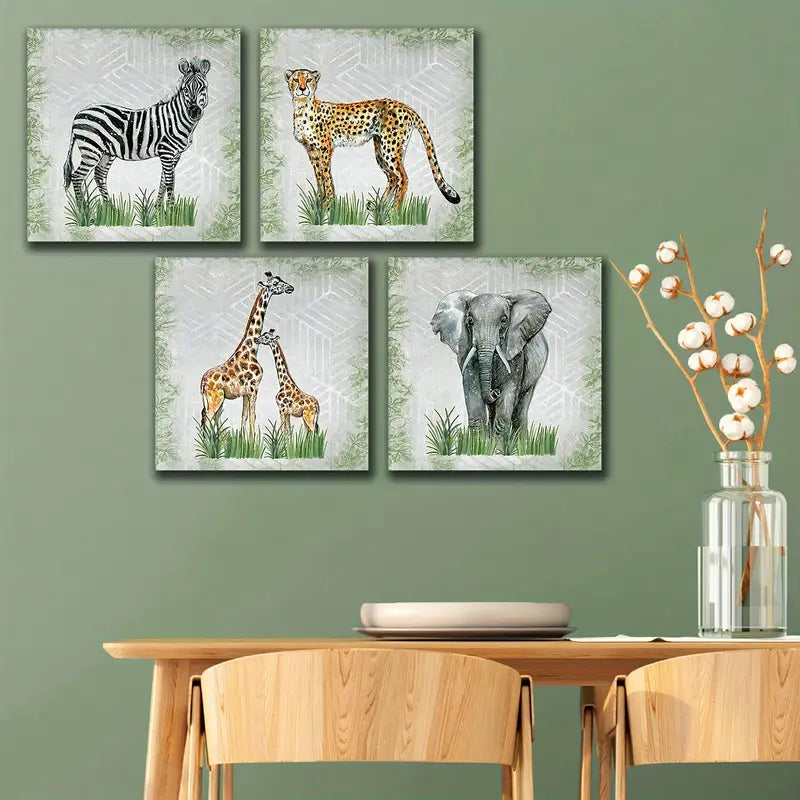 4pcs Retro Elephant With Zebra Green Plants Wall Art Canvas Framed - Bella Home Decor