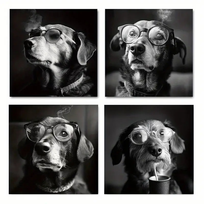 4pcs Vintage Dog Smoking Funny Wall Art Canvas Framed - Bella Home Decor