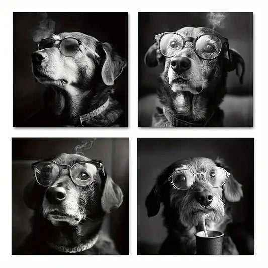 4pcs Vintage Dog Smoking Funny Wall Art Canvas Framed - Bella Home Decor