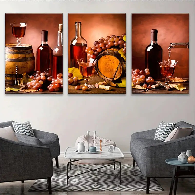 3pcs Wine Glass Barrel Metal Print Ready to Hang Art