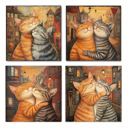 4pcs Charming Retro Cat Canvas Art Prints VF    Wall Art Canvas Framed