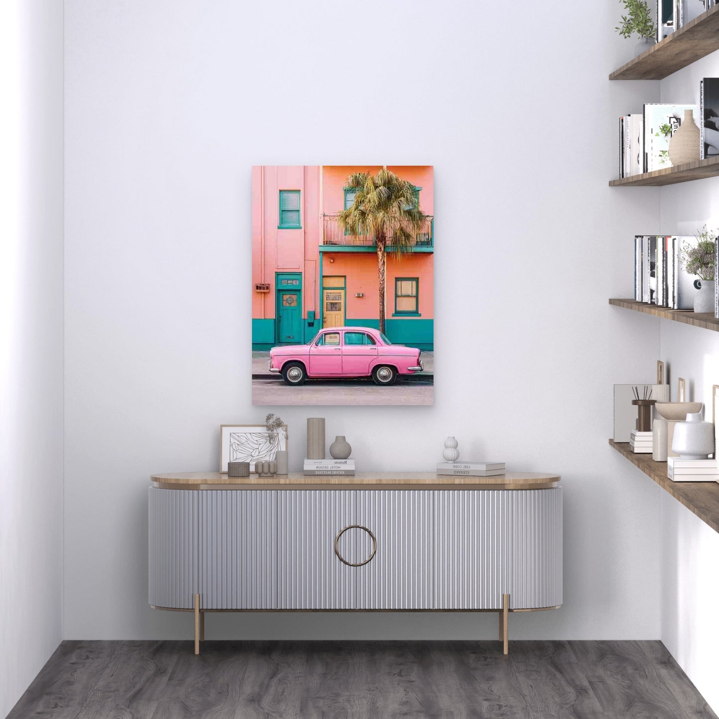Pink Vintage Car Photography 60x90cm Metal Print Ready to Hang