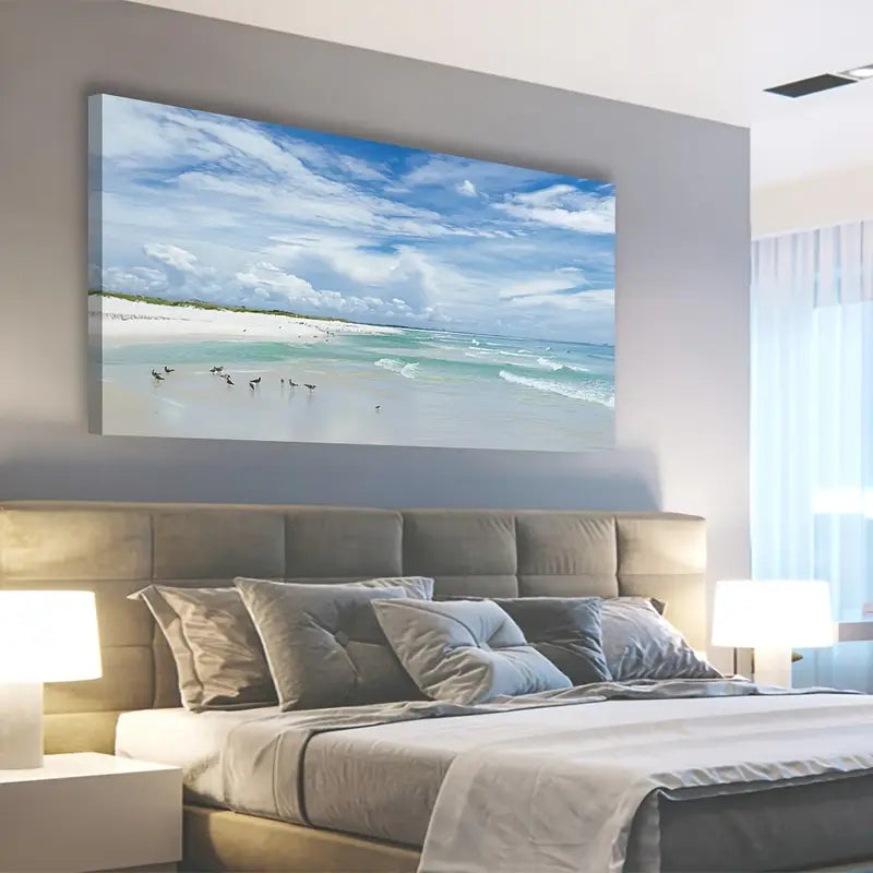 Aqua Ocean Seascape Beach Coastal Seagulls Wall Art canvas office home room framed 120x60cm - Bella Home Decor