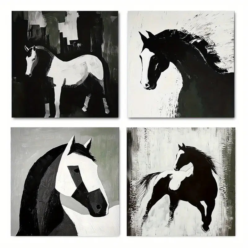 4pcs Black And White Hors Perfect Wall Art Canvas Framed