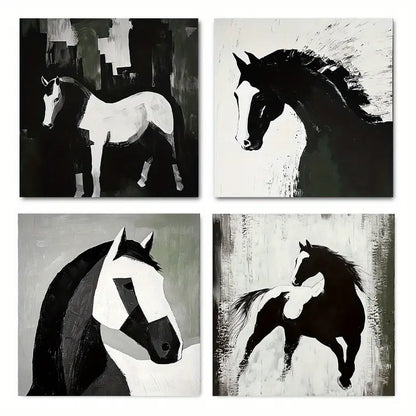 4pcs Black And White Hors Perfect Wall Art Canvas Framed
