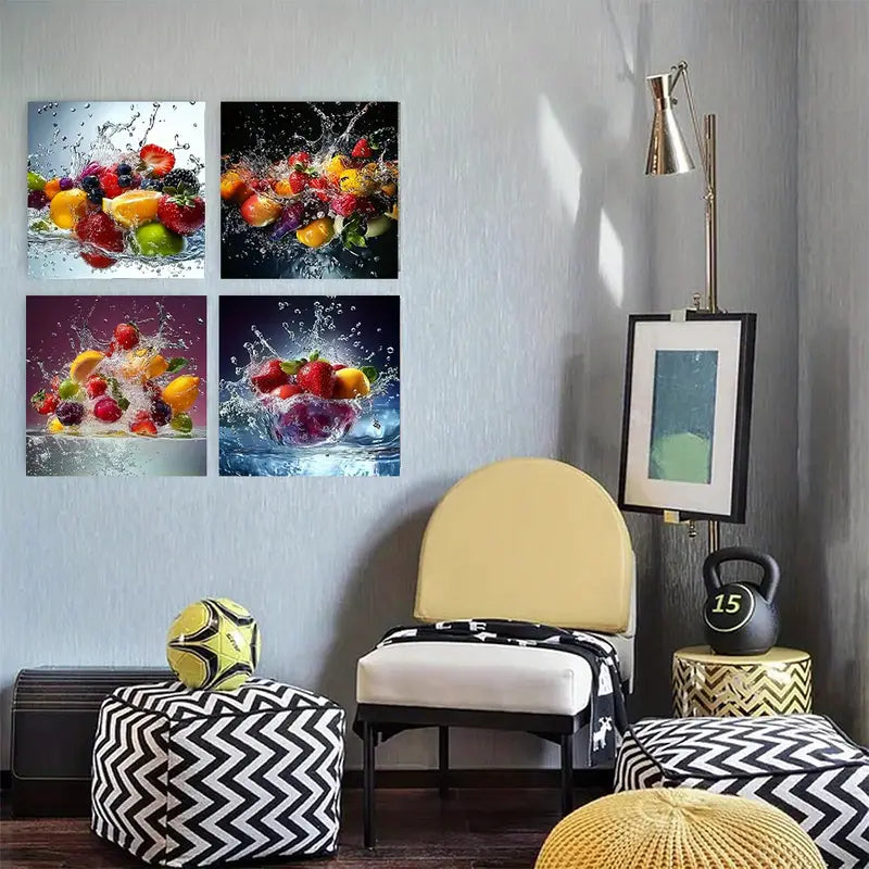 4pcs Fresh Fruits & Vegetables in Splashy  FV   Wall Art Canvas Framed