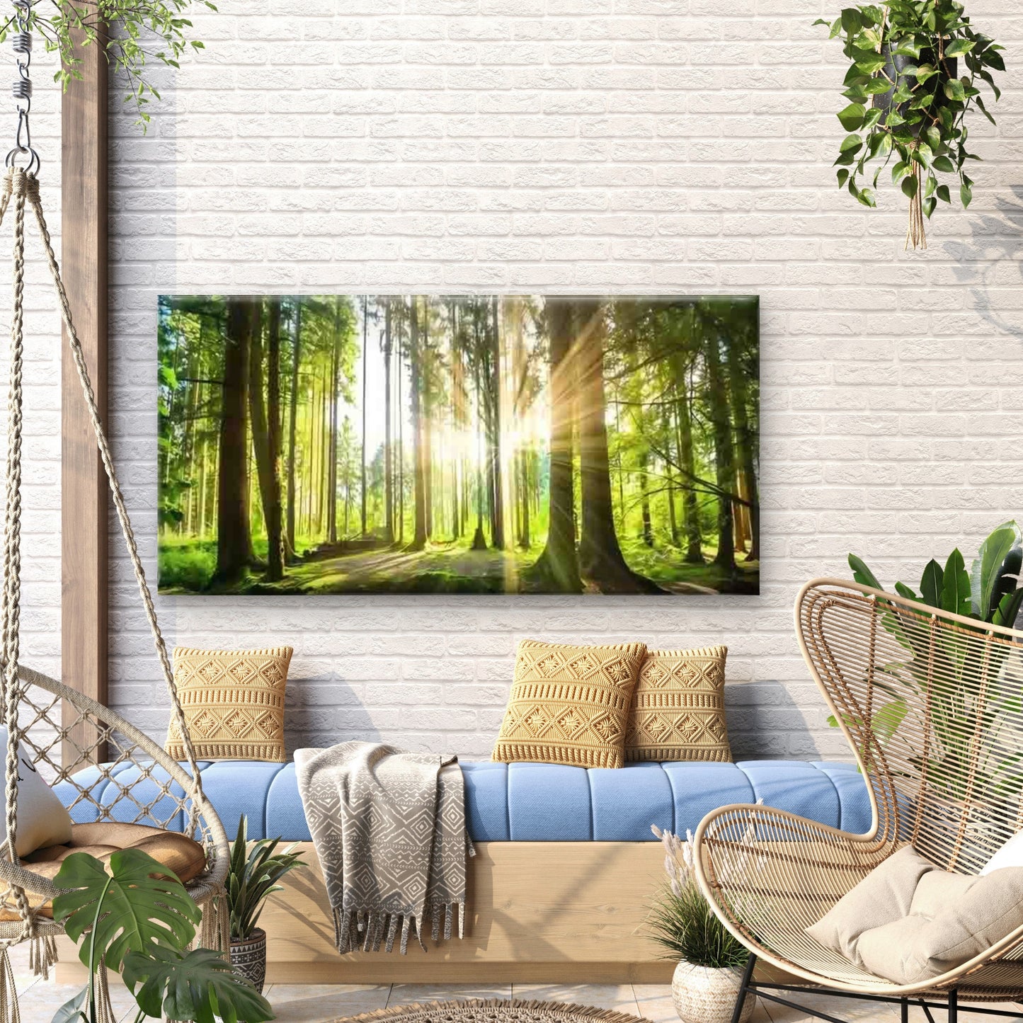 Sunlit Green Forest Landscape Wall Art Canvas Office Home Room Framed 120x60cm - Bella Home Decor