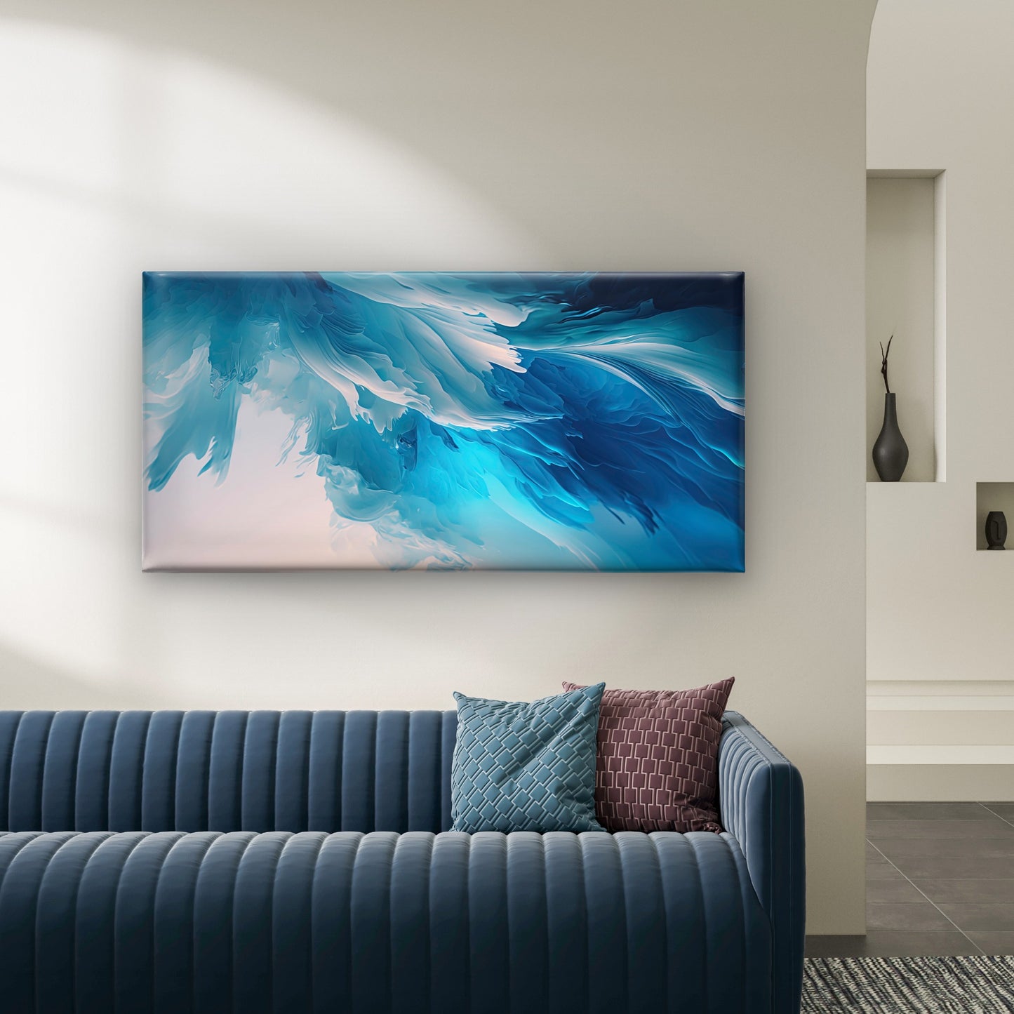 Ocean Wave Blue Abstract Wall Art Canvas Office Home Room Framed 120x60cm