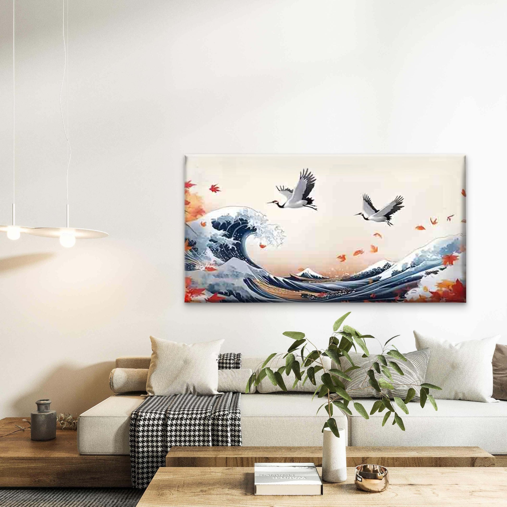 Ocean Waves, Twin Cranes Wall Art Canvas Office Home Room Framed 120x60cm - Bella Home Decor