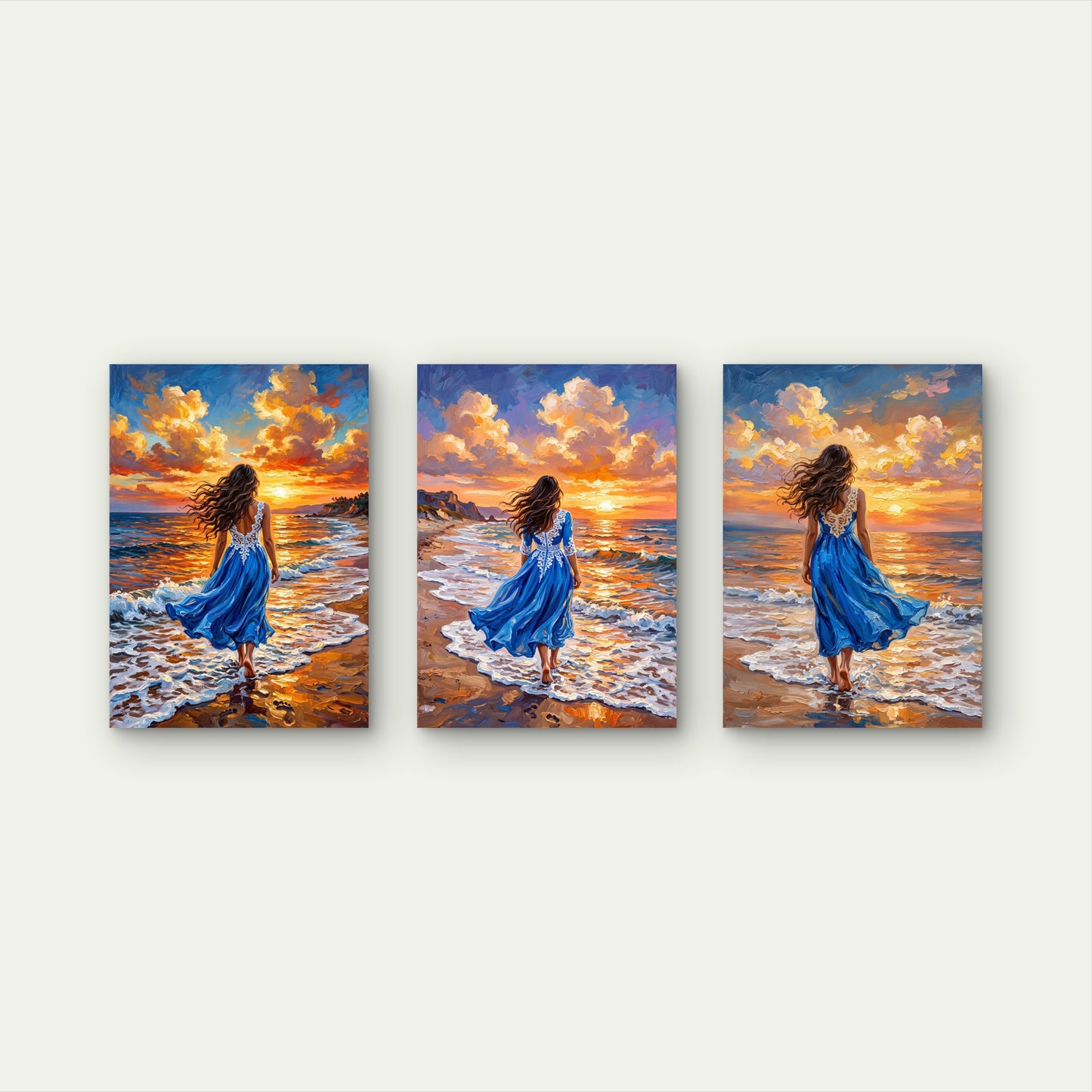 3pcs Woman in Blue Dress Walking on Beach Sunset Ocean Waves Wall Art Set Canvas Framed 40x60cm - High Quality Print 100% Australian Made Wall Canvas Ready to Hang