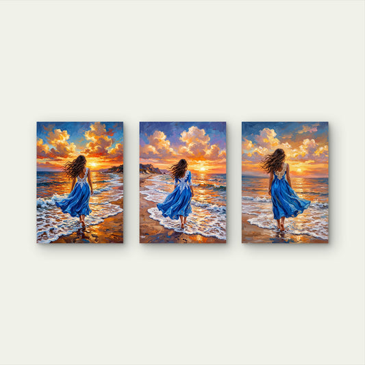3pcs Woman in Blue Dress Walking on Beach Sunset Ocean Waves Wall Art Set Canvas Framed 40x60cm - High Quality Print 100% Australian Made Wall Canvas Ready to Hang