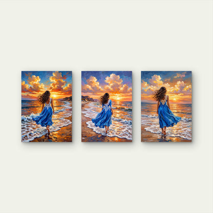 3pcs Woman in Blue Dress Walking on Beach Sunset Ocean Waves Wall Art Set Canvas Framed 50x70cm- High Quality Print 100% Australian Made Wall Canvas Ready to Hang