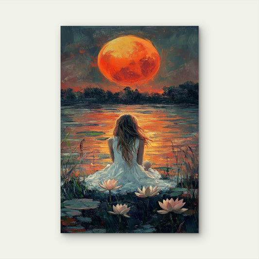 Fantasy Girl Orange Moon Water Lily Pond 40x60cm Metal Print Ready to Hang