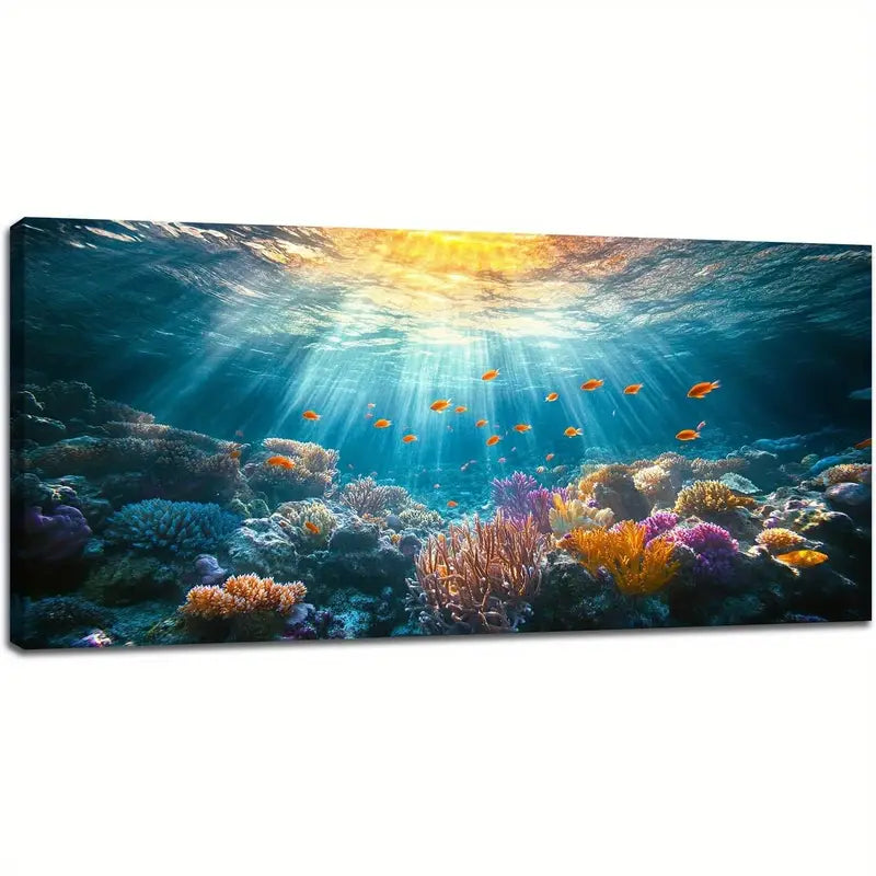 Large Ocean Vibrant Coral Reef Fish & Sunlight Seascape Wall Art canvas office home room framed 120x60cm - Bella Home Decor