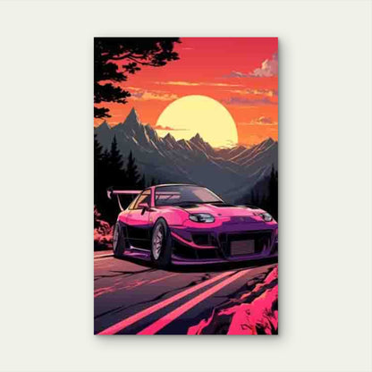 Sports Car Sunset Mountain Scenery Metal Print Ready to Hang