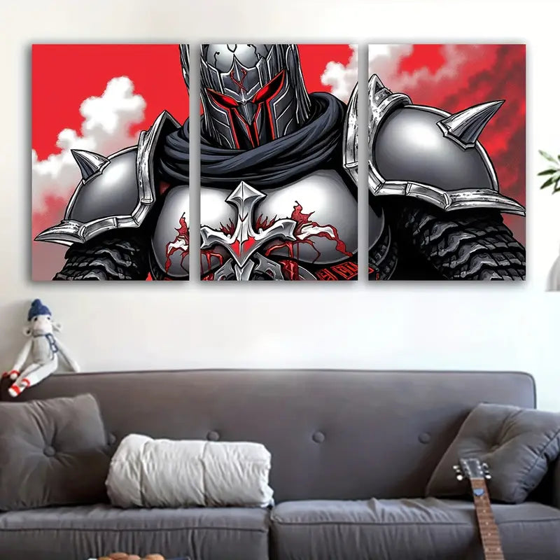 3pcs Armored Knight Medieval Fantasy Wall Art Set Canvas Framed 50x70cm - High Quality Print 100% Australian Made Wall Canvas Ready to Hang - Bella Home Decor