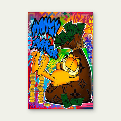 Cartoon Cat Money Bag Rainbow Graffiti 40x60cm Metal Print Ready to Hang