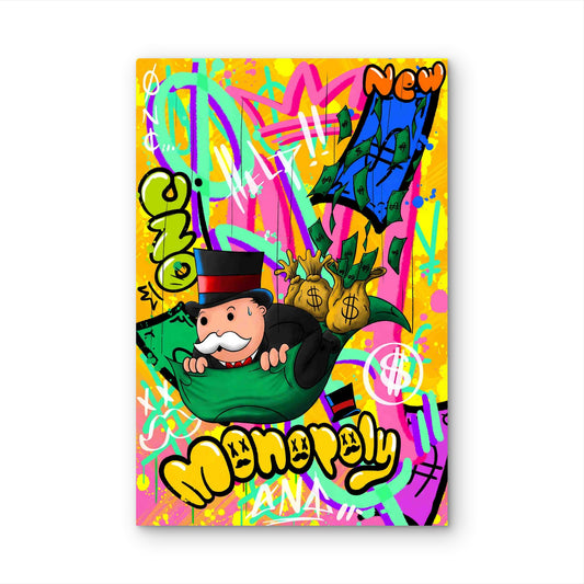 Street Art Wealth Money Man Flying Carpet Neon 60x90cm Metal Print Ready to Hang