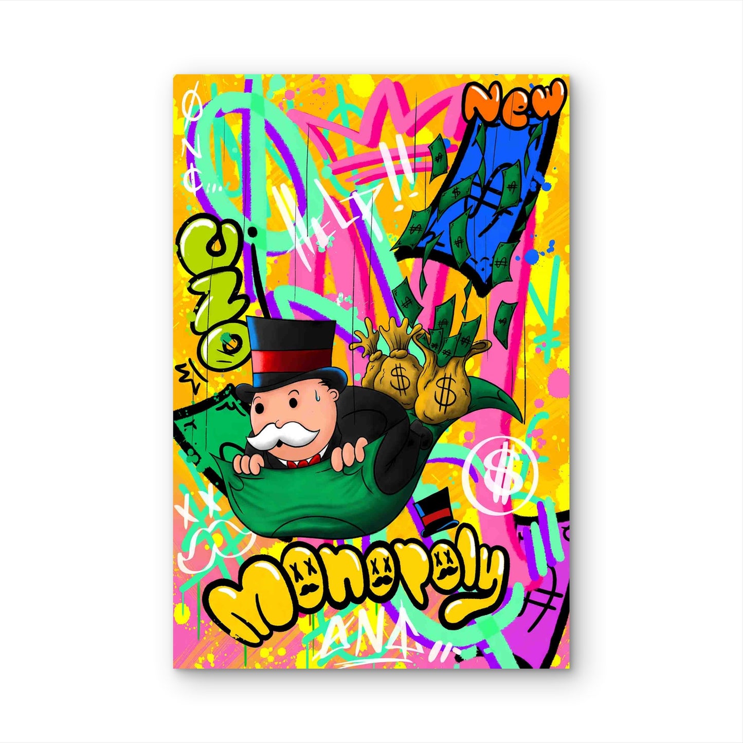 Street Art Wealth Money Man Flying Carpet Neon 40x60cm Metal Print Ready to Hang