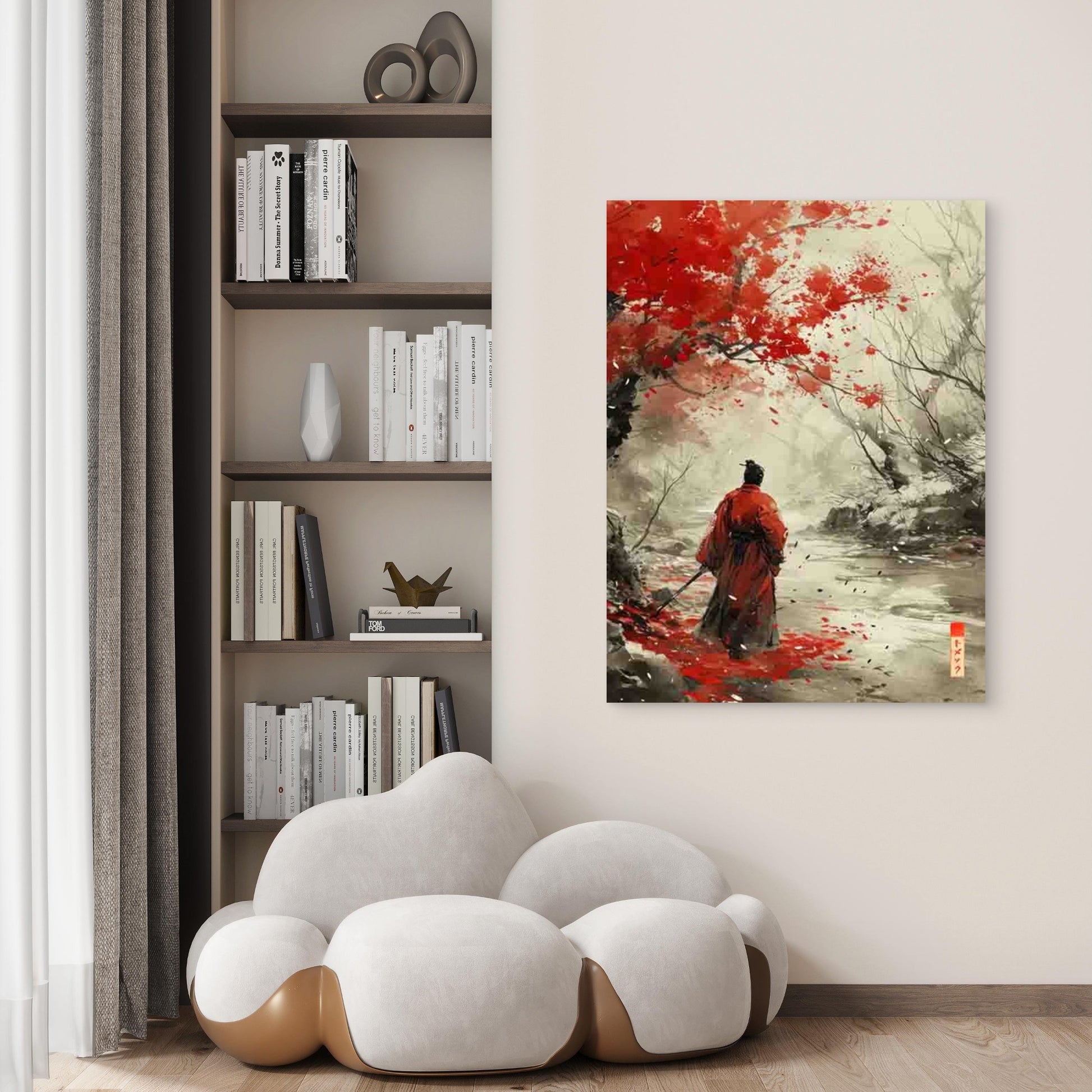 Samurai Artwork Featuring Red Blossoms 40x60cm Metal Print Ready to Hang - Bella Home Decor