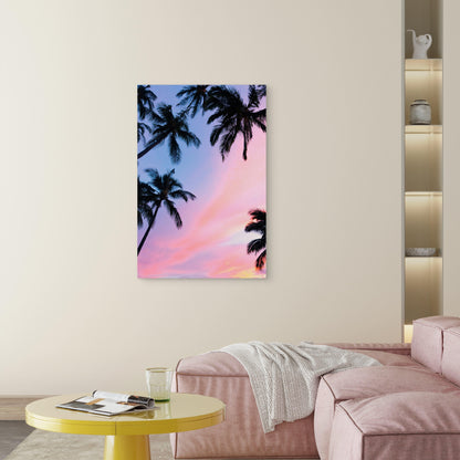 Coconut Palm Trees Silhouetted Against A Vibrant Pink And Blue Sunset Sky 40x60cm Metal Print Ready to Hang