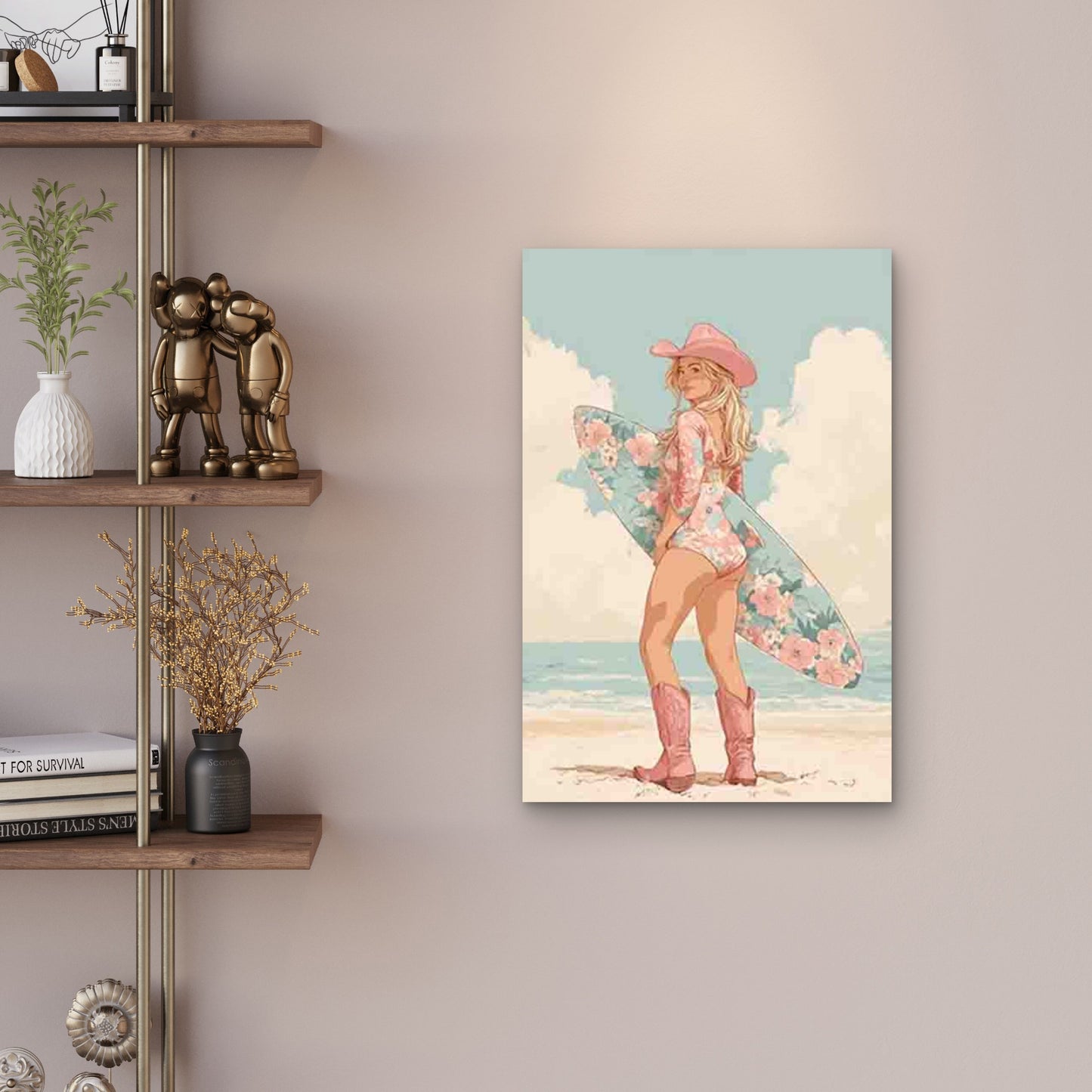 Floral Surf Cowgirl Metal Print Ready to Hang
