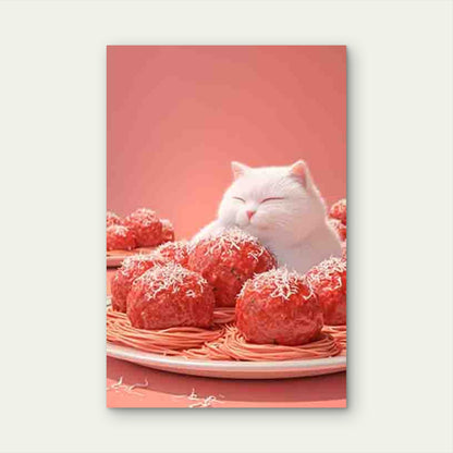 Cozy Cat Among Meatballs 60x90cm Metal Print Ready to Hang
