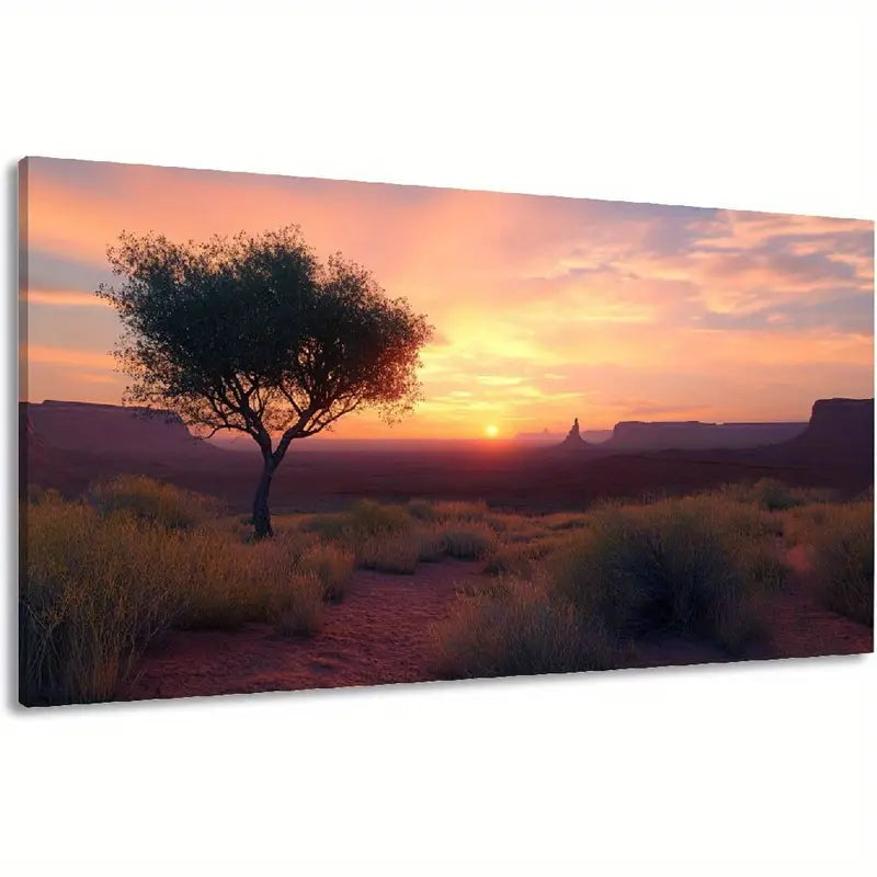 Dawn Scenery Single Tree Grass & Distant Mountains Wall Art canvas office home room framed 120x60cm - Bella Home Decor