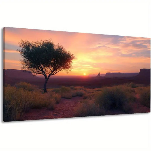Dawn Scenery Single Tree Grass & Distant Mountains Wall Art canvas office home room framed 120x60cm - Bella Home Decor