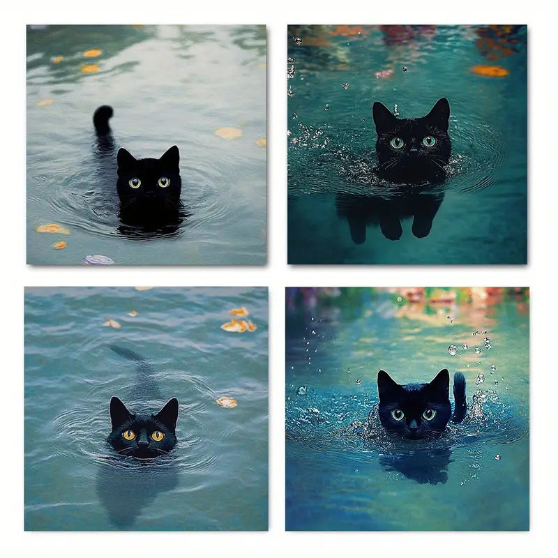 4pcs black cat in the lotus pond Wall Art Canvas Framed