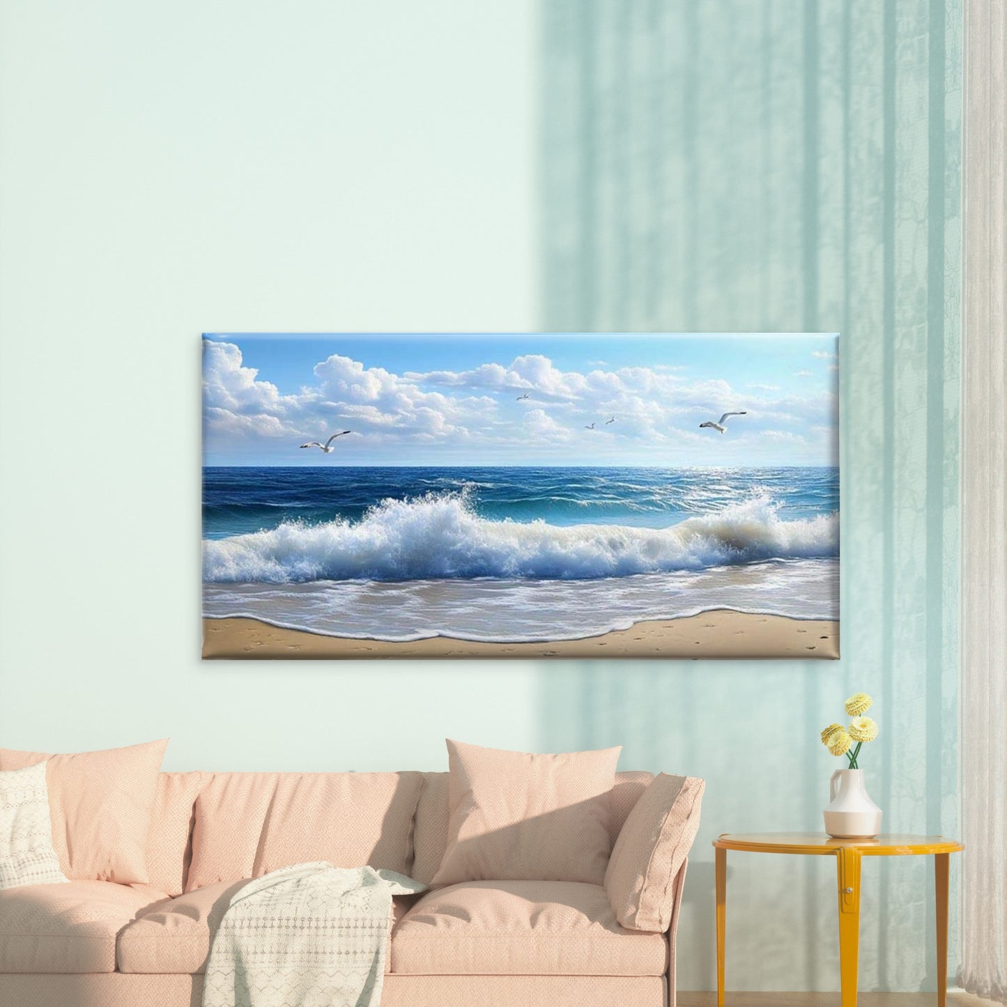 Waves and Seagulls Beach Wall Art Canvas Office Home Room Framed 120x60cm - Bella Home Decor