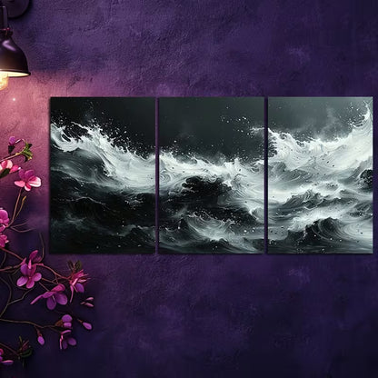 3pcs The Black Sea at Night Wall Art Set Canvas Framed 40x60cm - High Quality Print 100% Australian Made Wall Canvas Ready to Hang