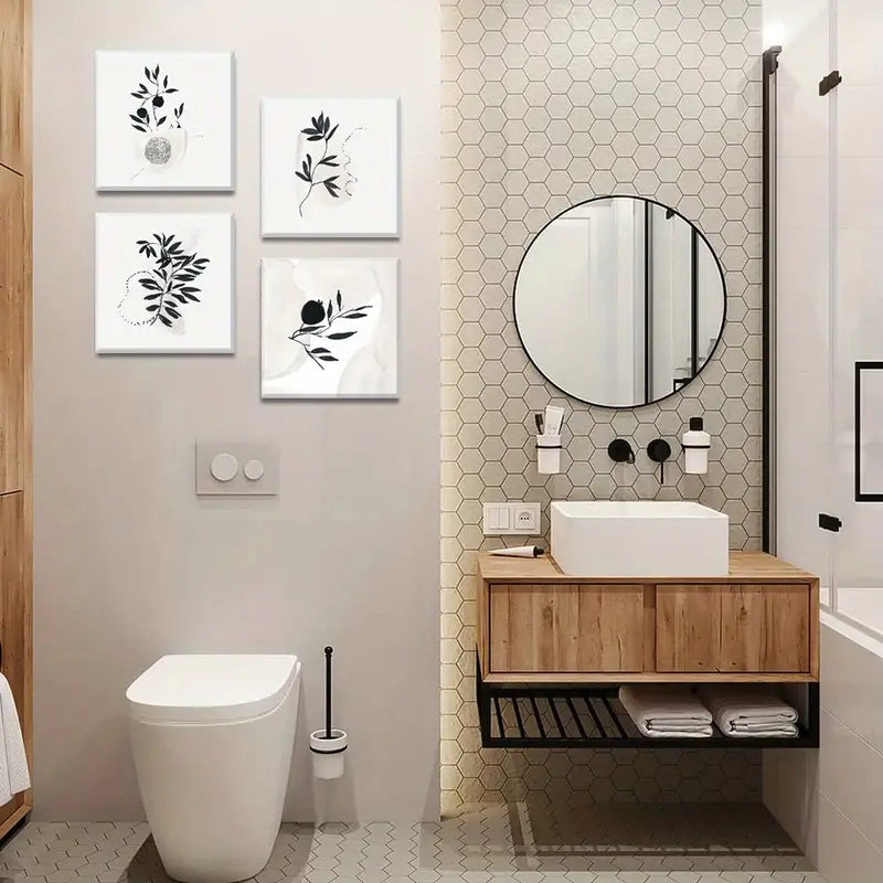 4pcs Black Fruit Branch Shape Pain  Wall Art Canvas Framed