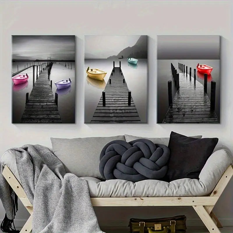 3pcs Lake Scenery Boat Canvas Wall Art Metal Print Ready to Hang Art