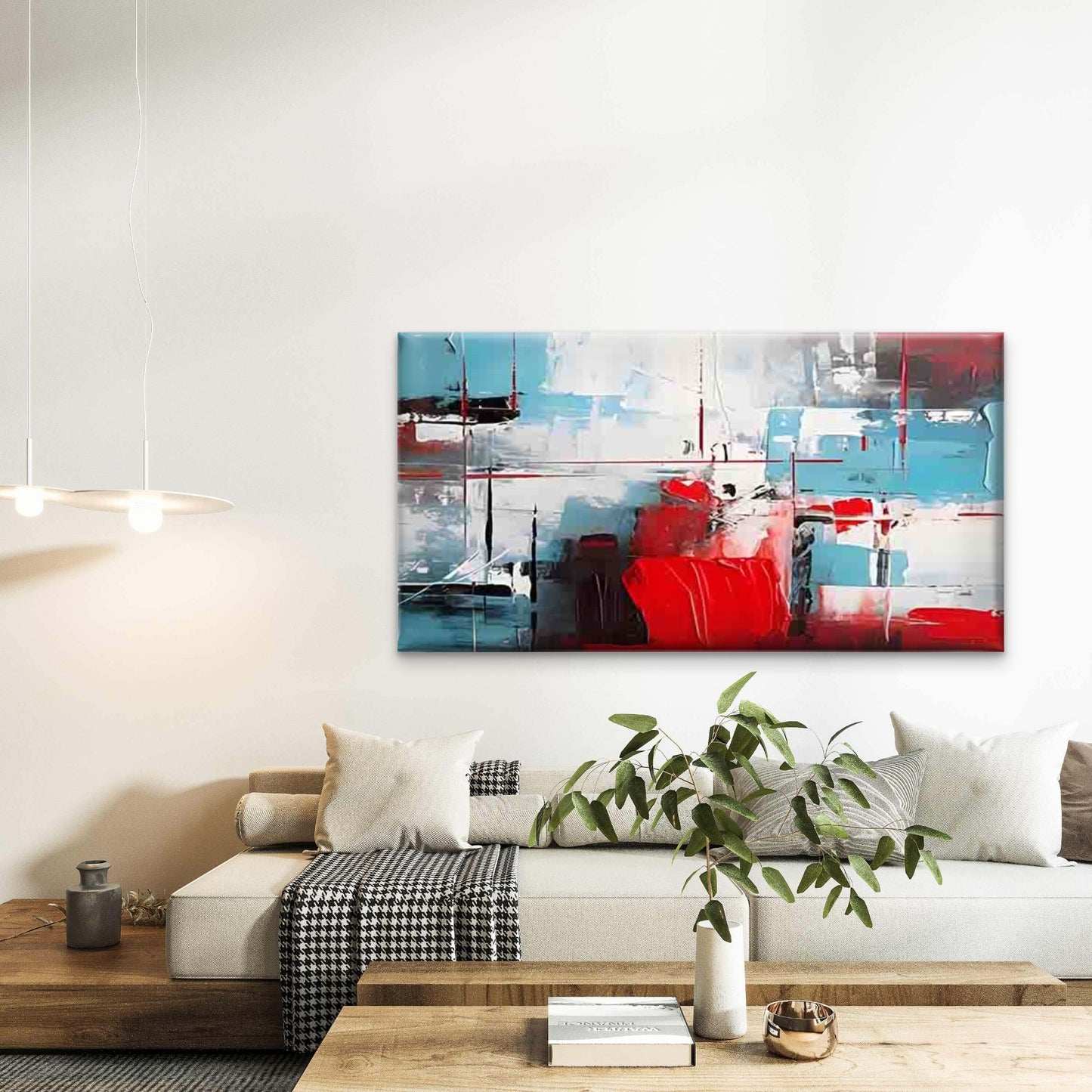 Red, Blue, and White Abstract Wall Art Canvas Office Home Room Framed 120x60cm - Bella Home Decor