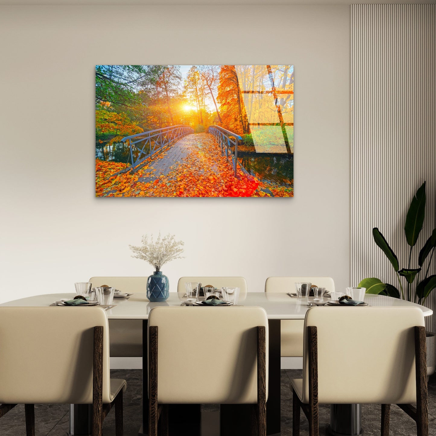 Autumn Forest Bridge Sunlight Glass Printing Wall Art Australian Made Quality