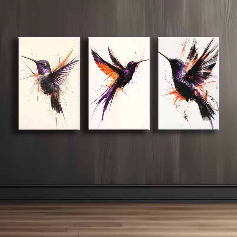3pcs Purple and Black Hummingbird Bird Paintings Wall Art Set Canvas Framed 40x60cm - High Quality Print 100% Australian Made Wall Canvas Ready to Hang