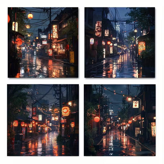 4pcs Dark Street Scene With Neon Lights Wall Art Canvas Framed