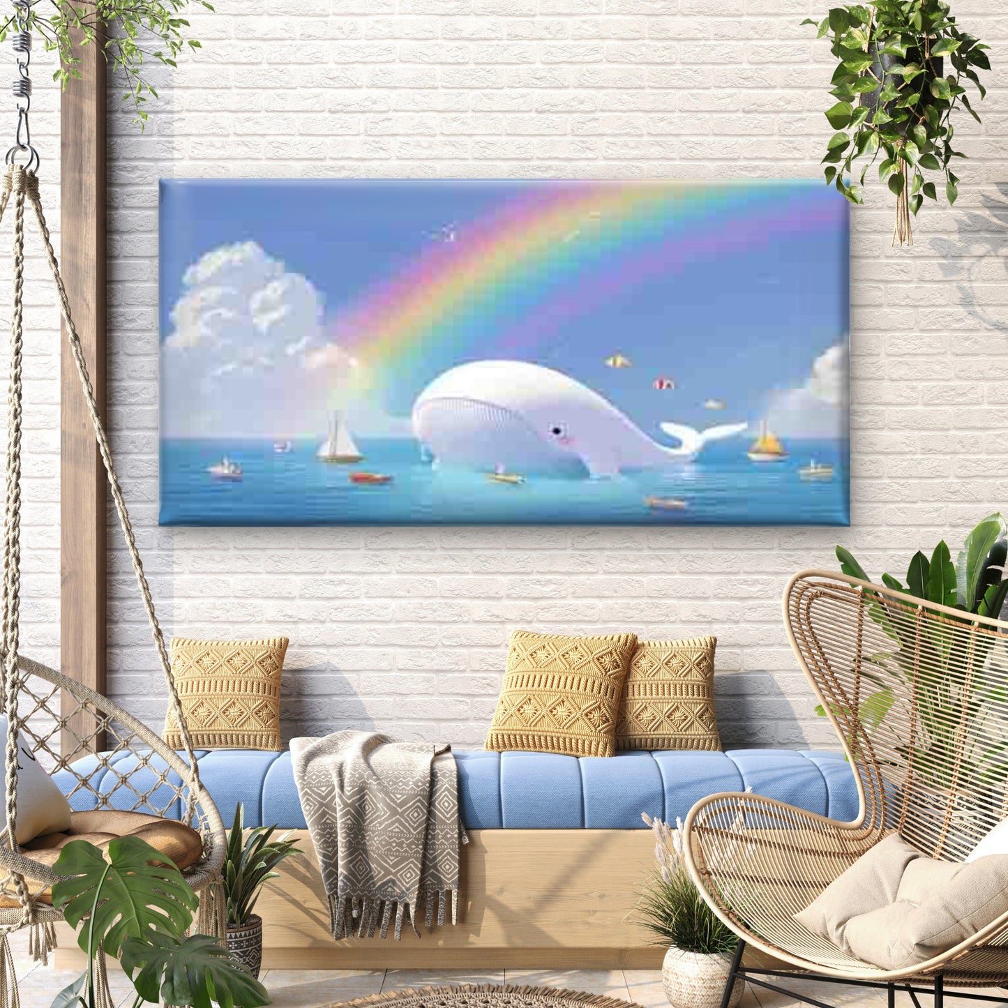 Whale Under Rainbow Wall Art Canvas Office Home Room Framed 120x60cm
