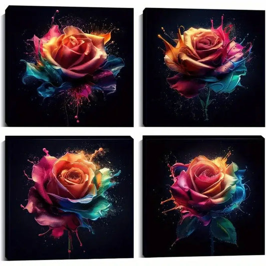 4pcs Colorful Rose Wall Art Rose Floral PicturesWall Art Canvas Framed