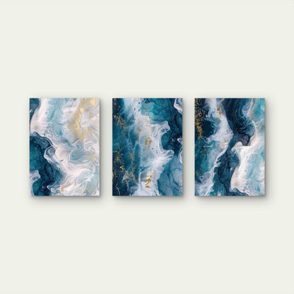 3pcs Abstract Ocean Blue Gold Ink Fluid  Wall Art Set Canvas Framed 50x70cm - High Quality Print 100% Australian Made Wall Canvas Ready to Hang
