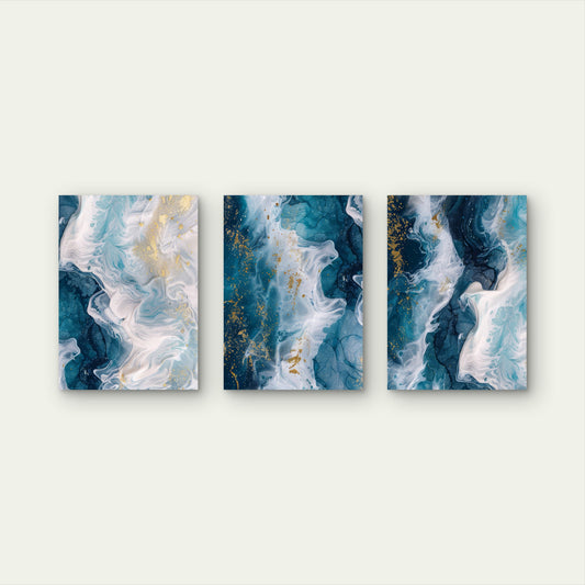 3pcs Abstract Ocean Blue Gold Ink Fluid  Wall Art Set Canvas Framed 50x70cm - High Quality Print 100% Australian Made Wall Canvas Ready to Hang