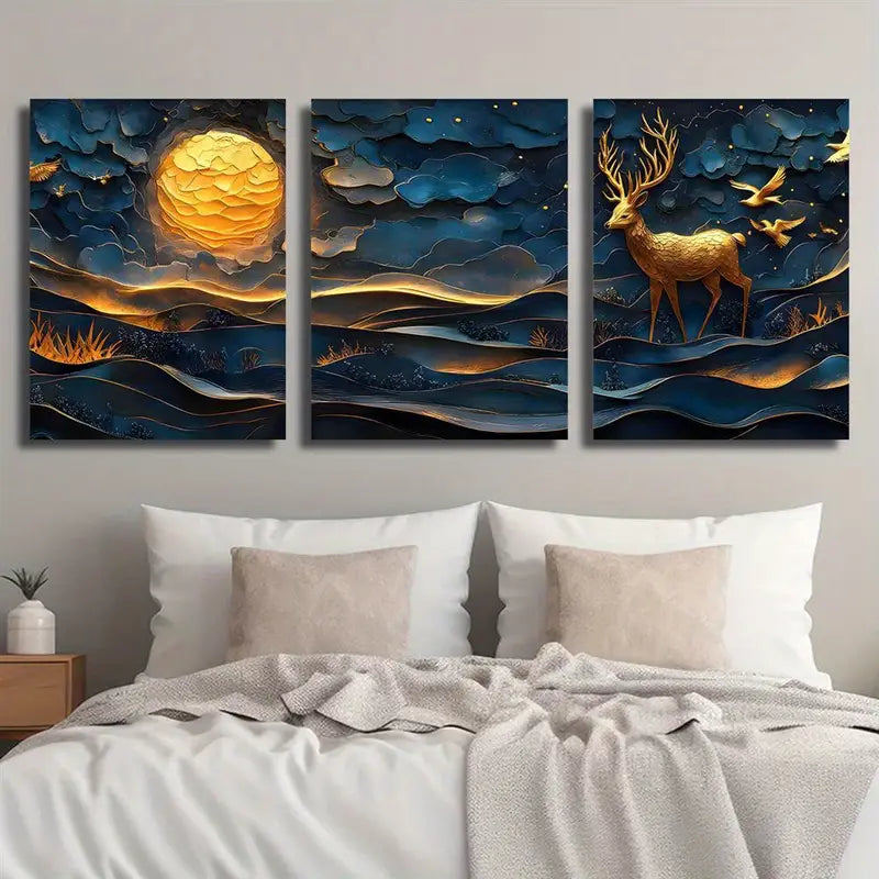 3pcs Golden Deer & Moonlit Forest Metal Print Ready to Hang Art - Bella Home Decor