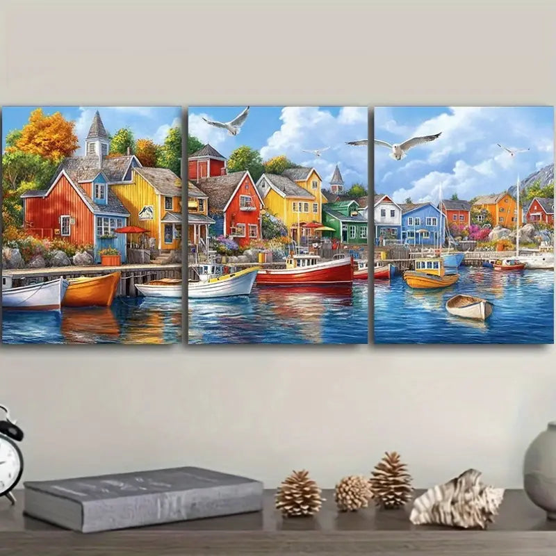 3pcs Colorful Fishing Village Scene Metal Print Ready to Hang Art - Bella Home Decor