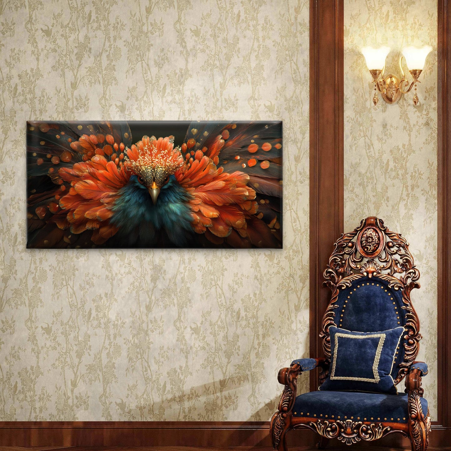 Majestic Phoenix Golden Feather Wall Art Canvas Office Home Room Framed 120x60cm