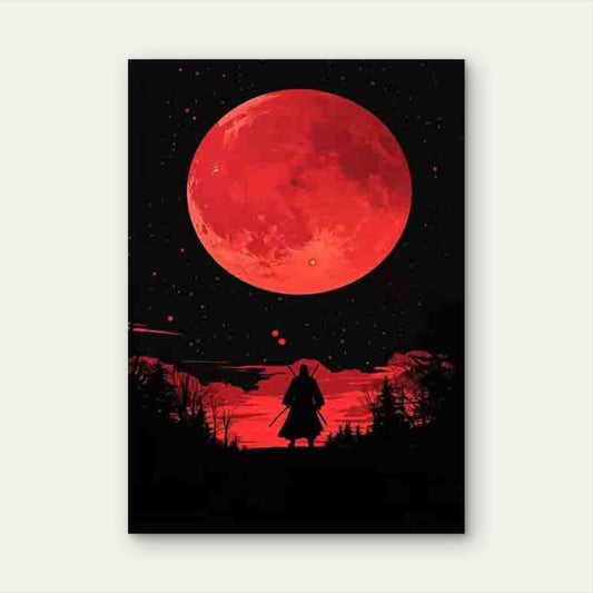 Samurai Silhouette Under Red Full Moon 40x60cm Metal Print Ready to Hang